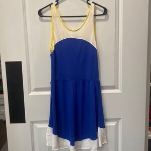 Blue and white dress with yellow trim